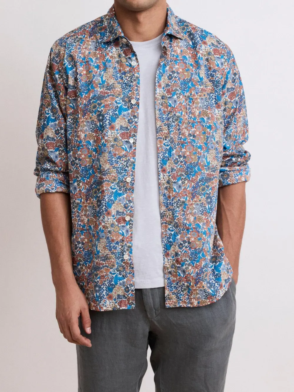 Soft And Comfortable Simple Blue Plant Print Shirt