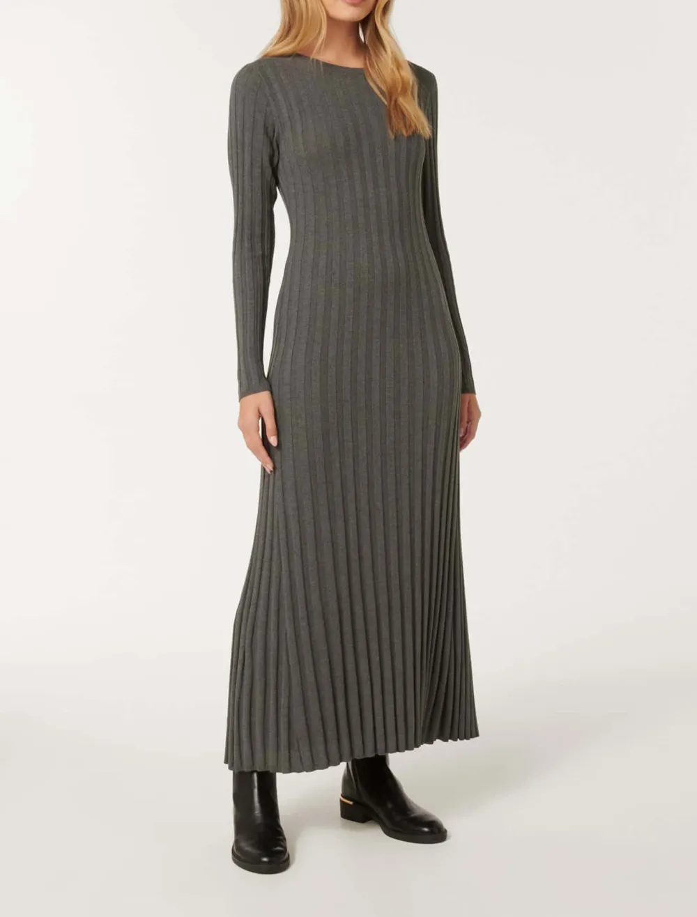 Grey Crew-Neck Knit Dress