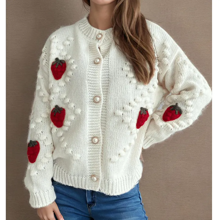 Strawberry Button Down Long Sleeve Cardigan
