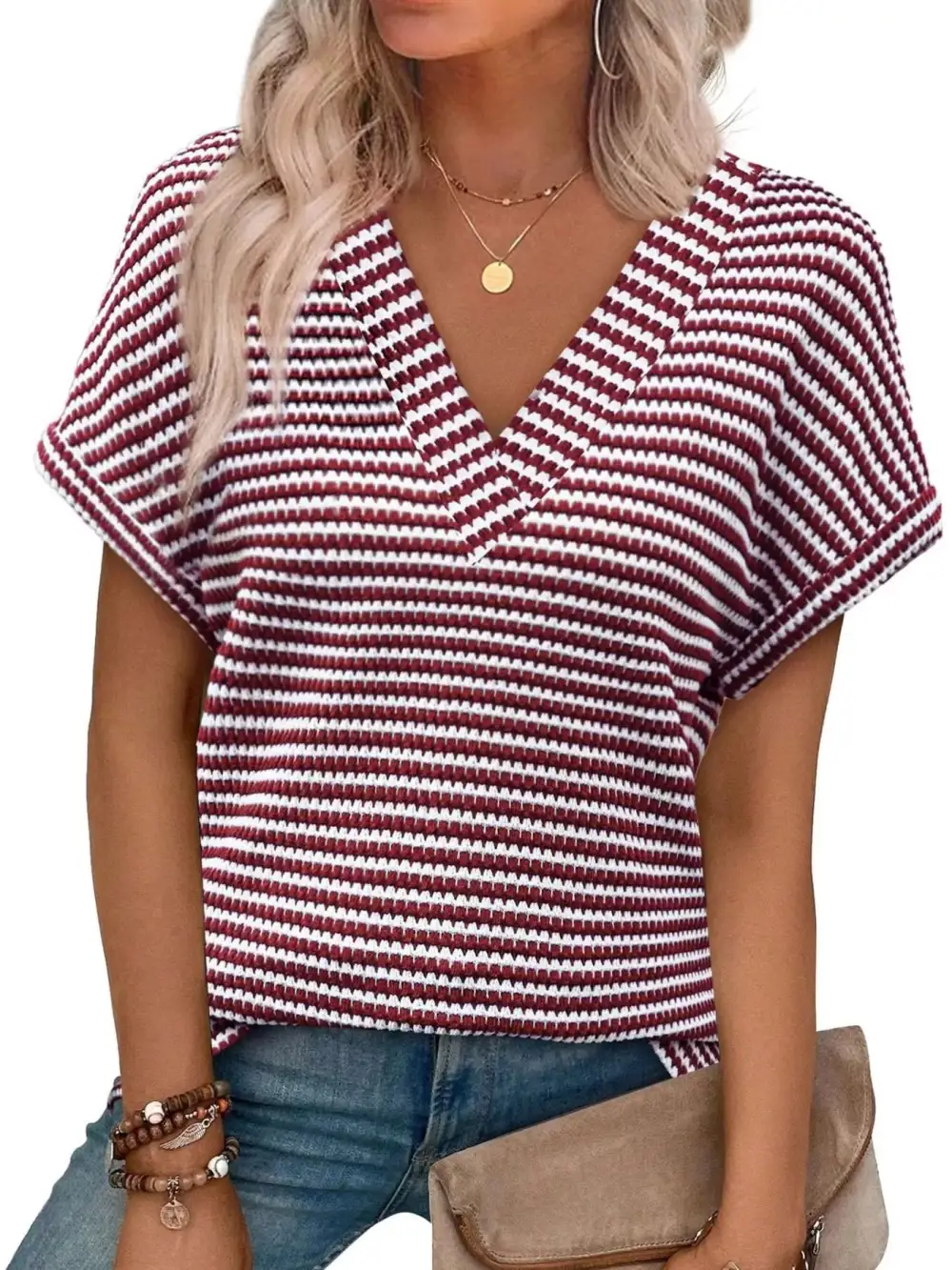 Striped V Neck Relaxed Fit T Shirt