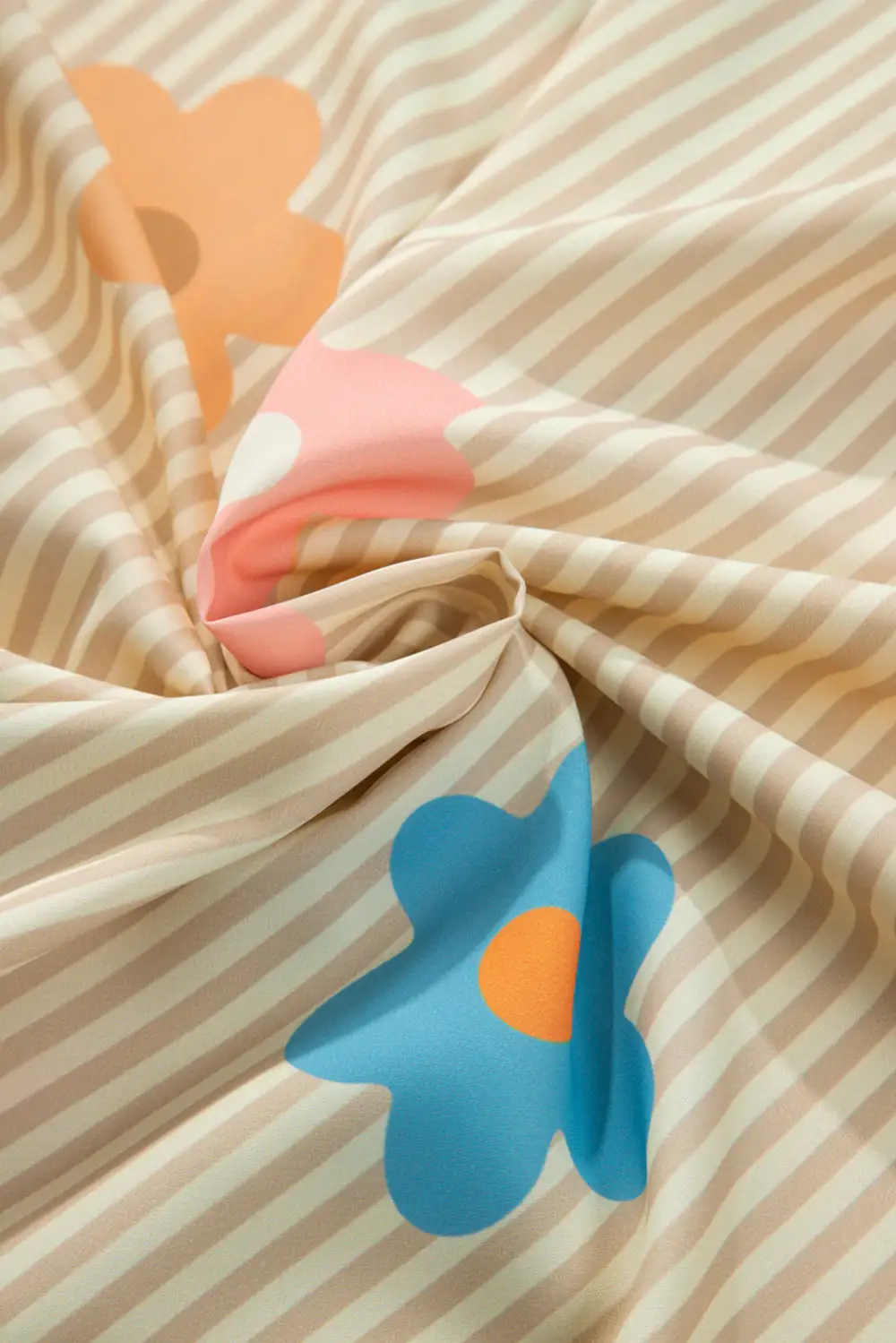 Apricot Stripe Flower Print Collared Button-Up Loose Fit Shirt
