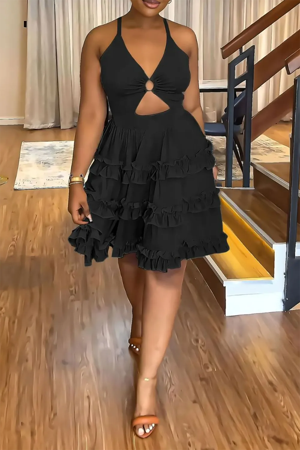 Plus Size Black Vacation Cut Out Sleeveless Ruffle Babydoll Mini Dresses