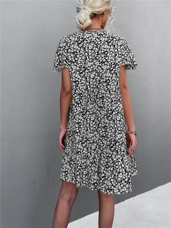 Floral Short Sleeve V Neck Midi Length Dress