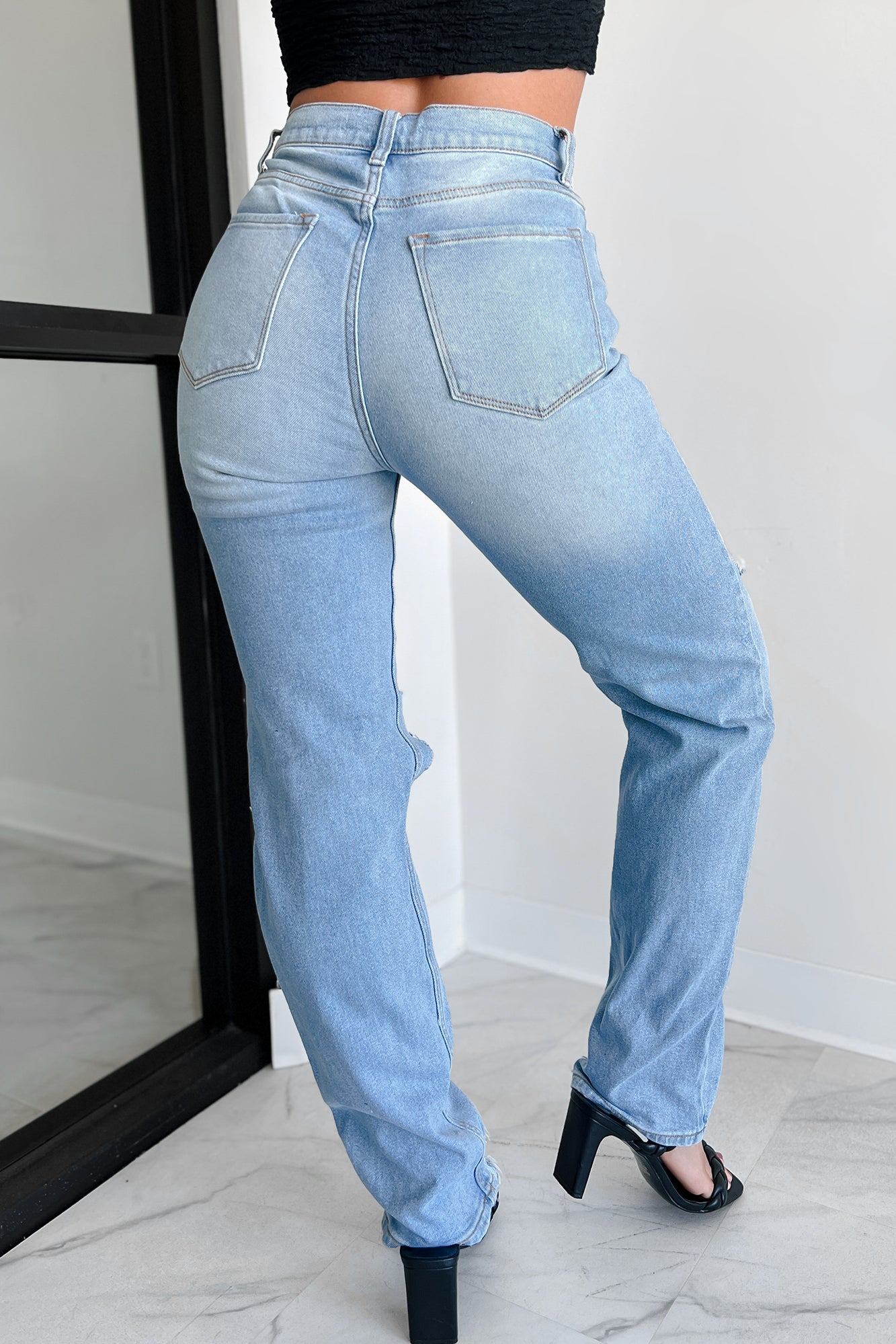 High Rise Distressed Straight Leg Dogma Jeans