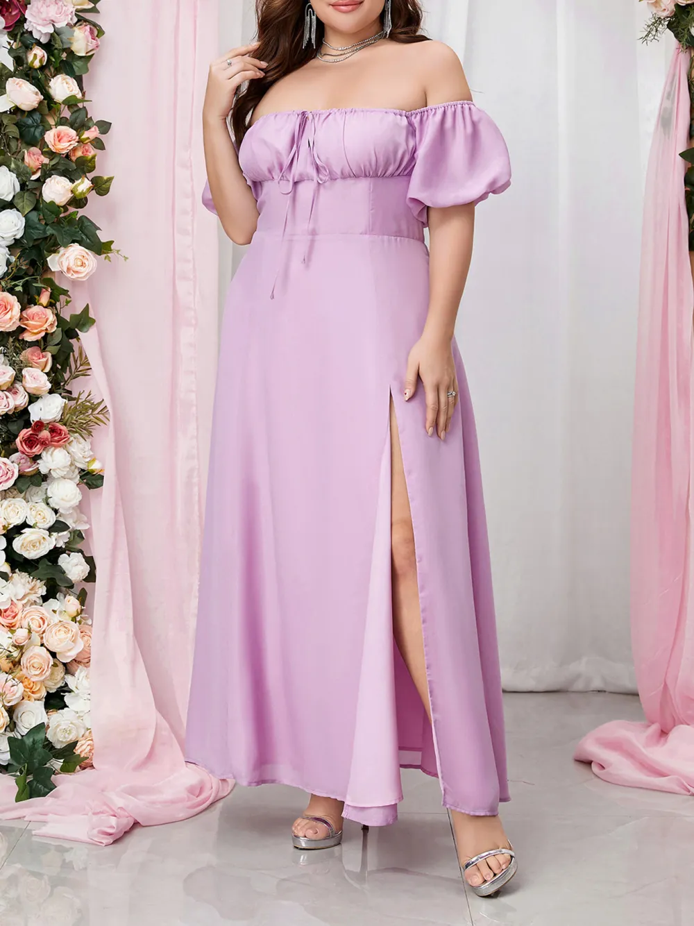 Strapless Dress With Puff Sleeves And High Slits Long Dress Plus Siz