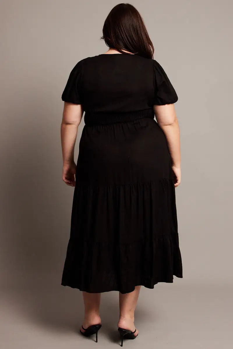 Black Midi Dress Short Sleeve Linen Blend