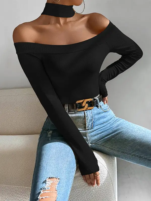 Long Sleeve Slim Fit Off The Shoulder T-Shirt