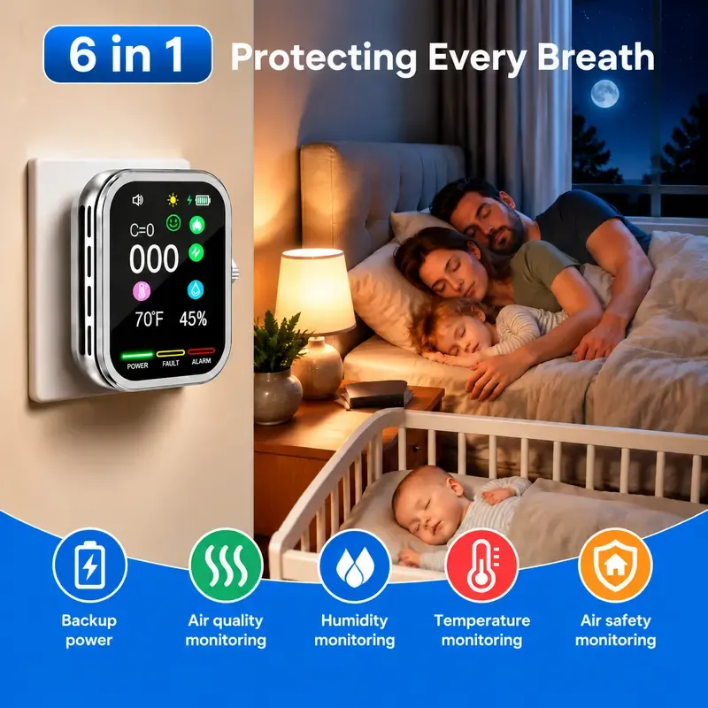 Carbon Monoxide Detector for Home RV Air Quality Alarm 6-in-1 Multi-Gas Detector
