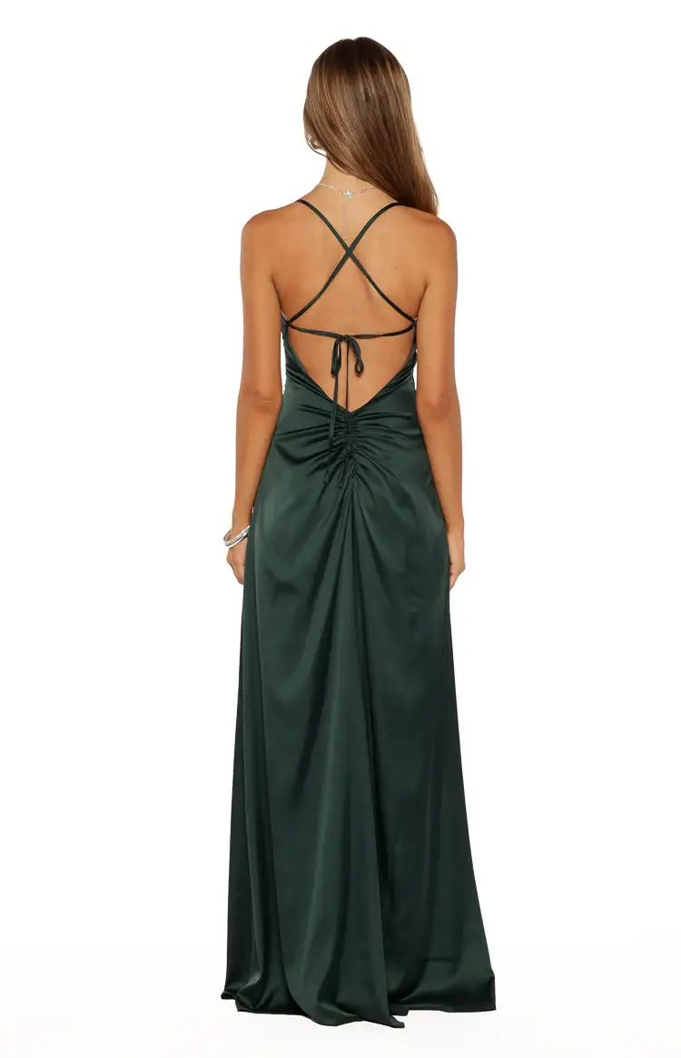 Satin Backless Emerald Maxi Dress