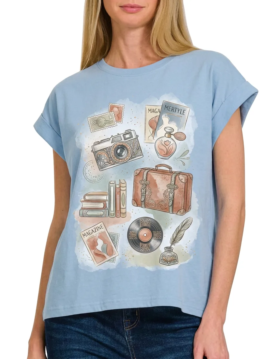 Women's Vintage Travel Aesthetic Camera Suitcase Printed T-shirt