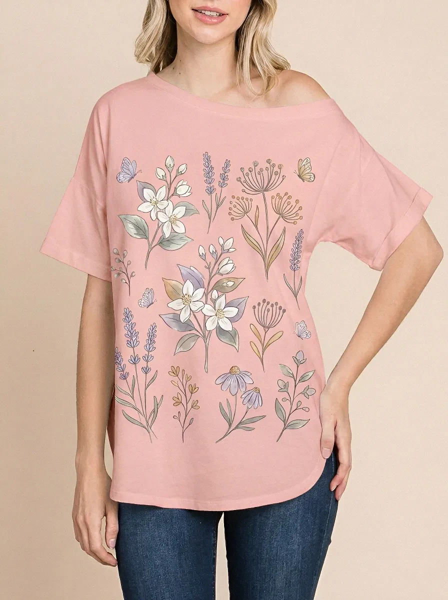 Women's Botanical Garden Butterfly Floral Printed T-shirt
