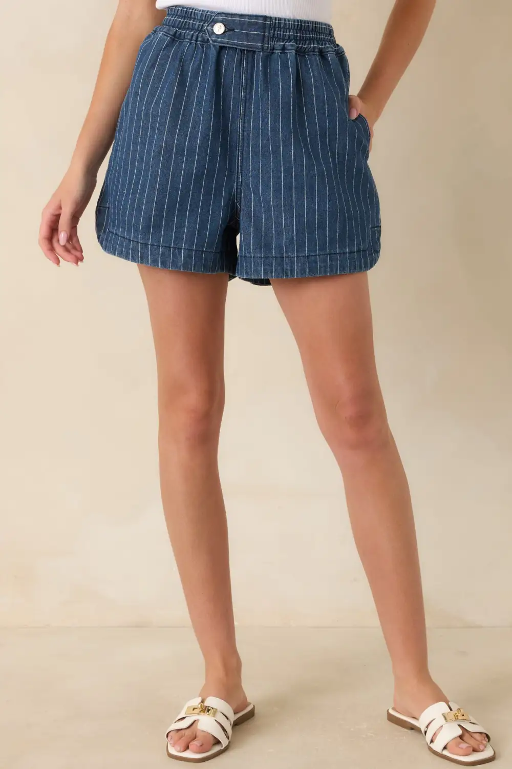 Dark Wash Stripe Cotton Denim Shorts