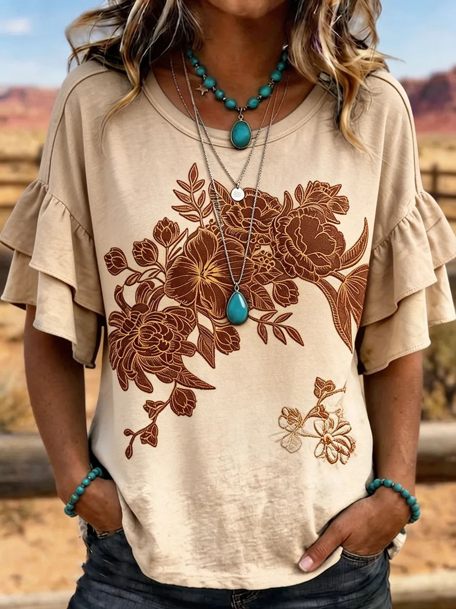 Women's Ombre Floral Embroidered Ruffle Sleeve Western Top