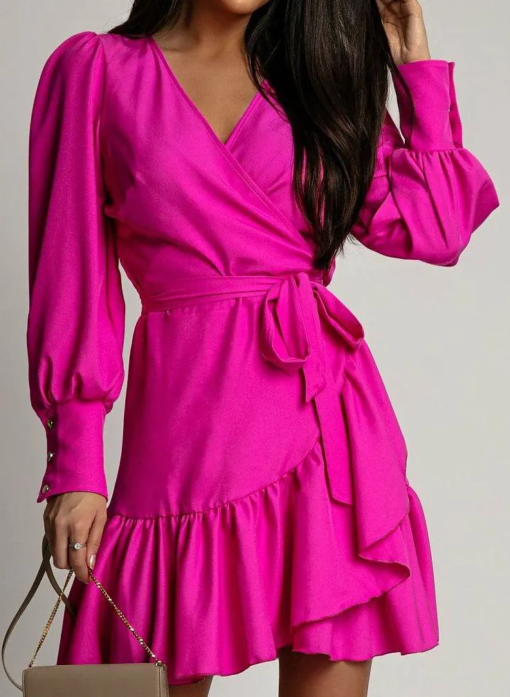 Short Wrap Dress With Sweetheart Neckline, Waist Tie And Ruffle Hem