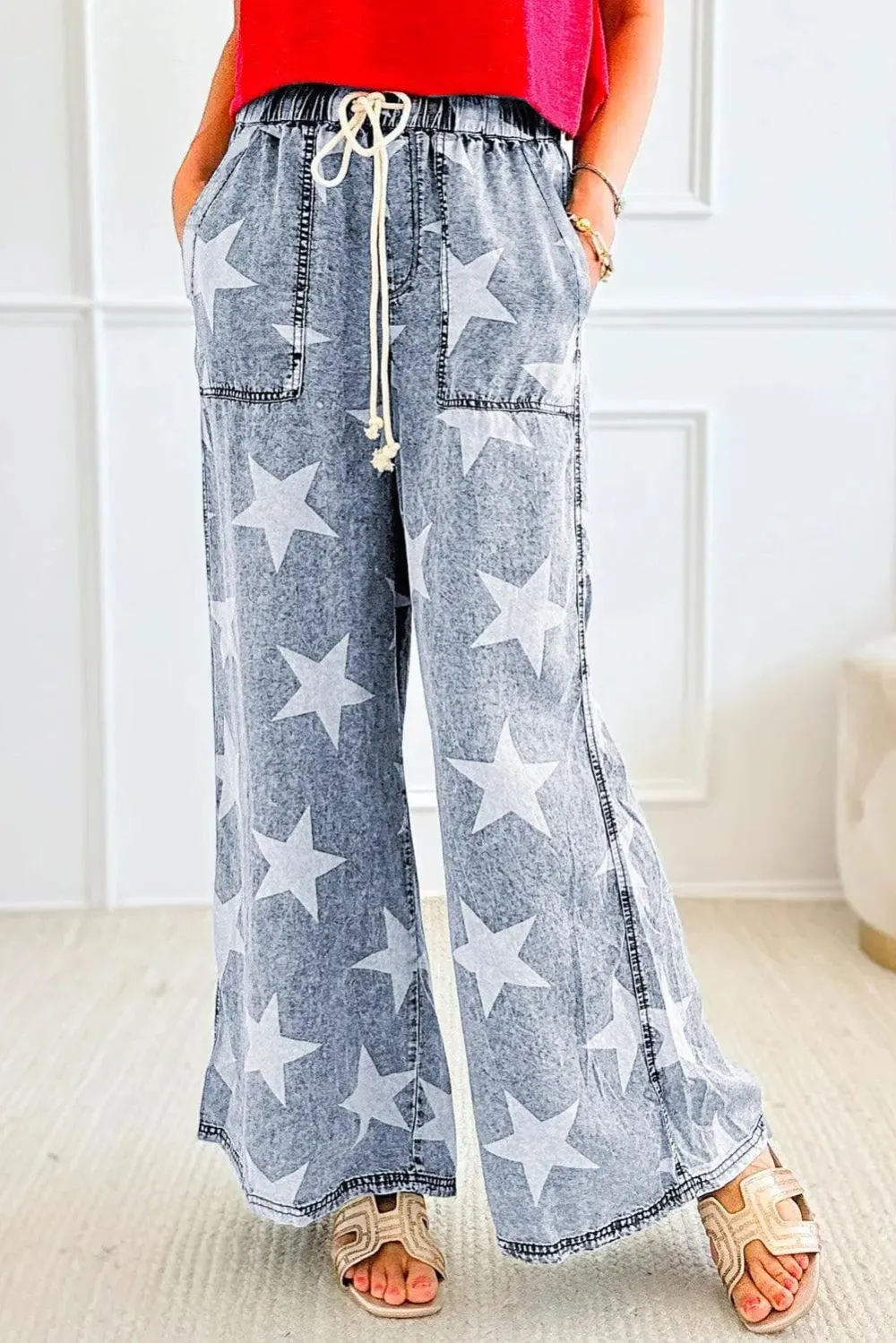 Wide Leg Drawstring High Waist Print Jeans