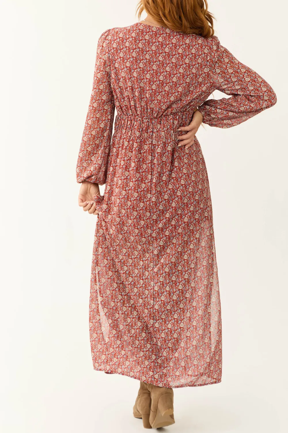 Burgundy Ditsy Floral Print Maxi Dress