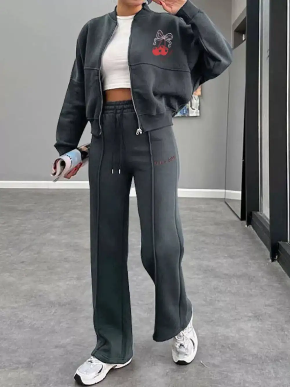 Zip Up Dropped Shoulder Outerwear and Pants Set