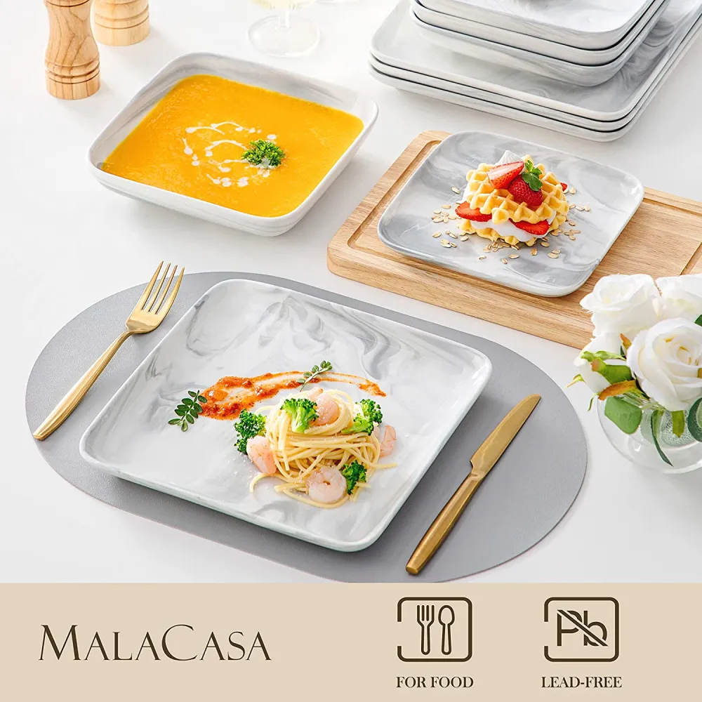 MALACASA Dishes Set for 12, Marble Grey Square Dinnerware Sets, 48 Piece Porcelain Plates and Bowls Sets with Dinner Plates, Dessert Plates, Soup Plates and Cereal Bowls, Series IVY