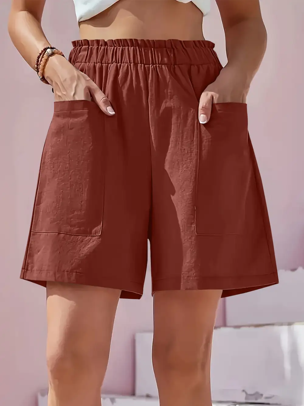 Clean Front Elastic Waist Pocket Detail Shorts