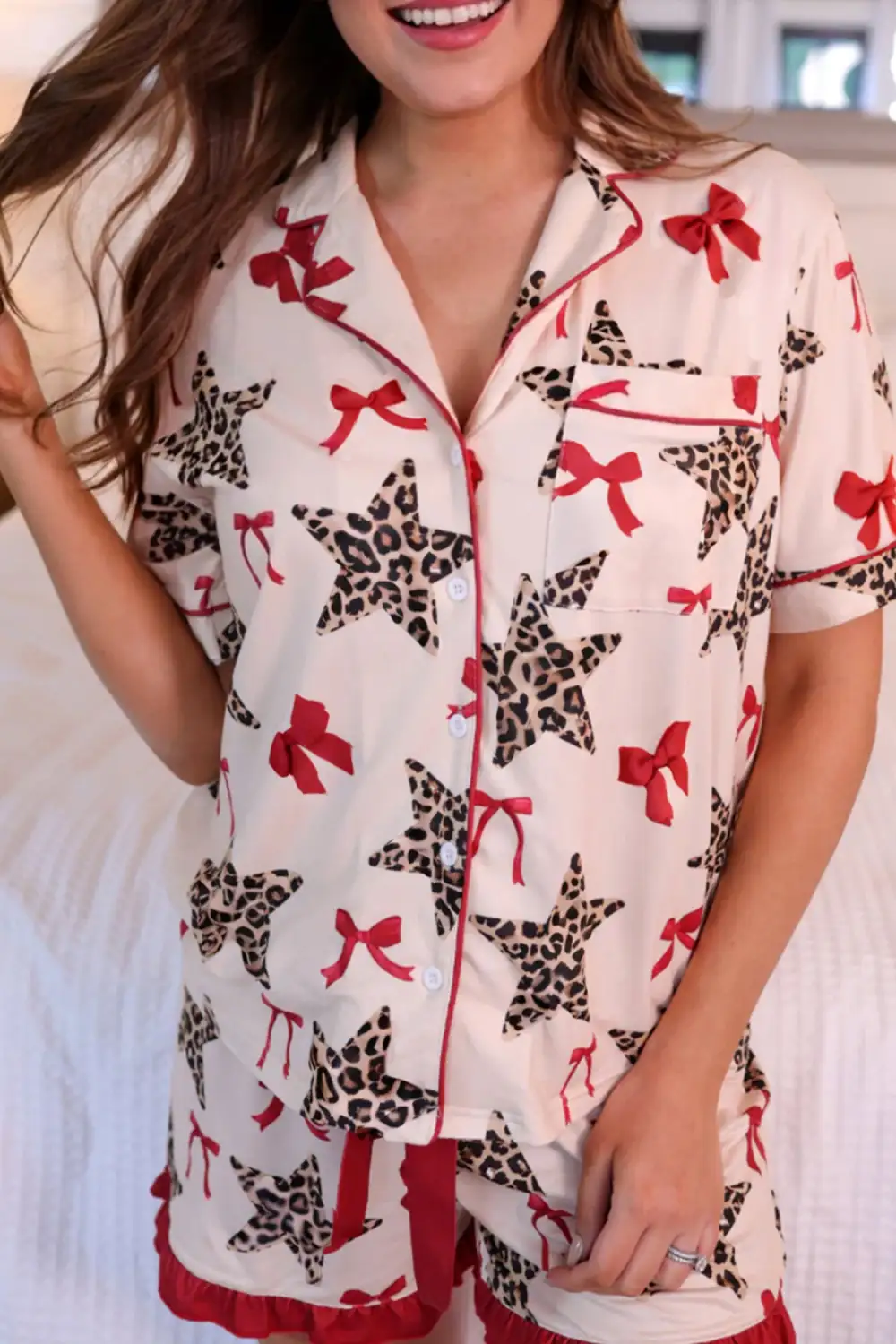 Soft Bow Print Ribbon Trim Short Pajama Set
