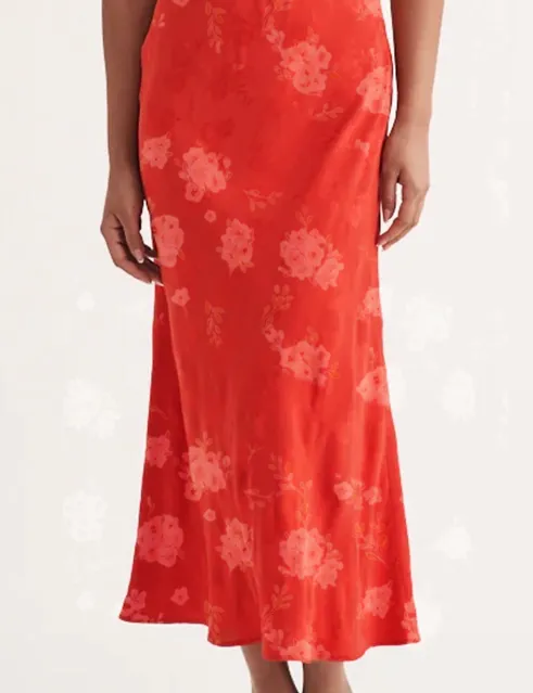 Red Floral Jacquard Ruched Sleeve Moira Midi Dress