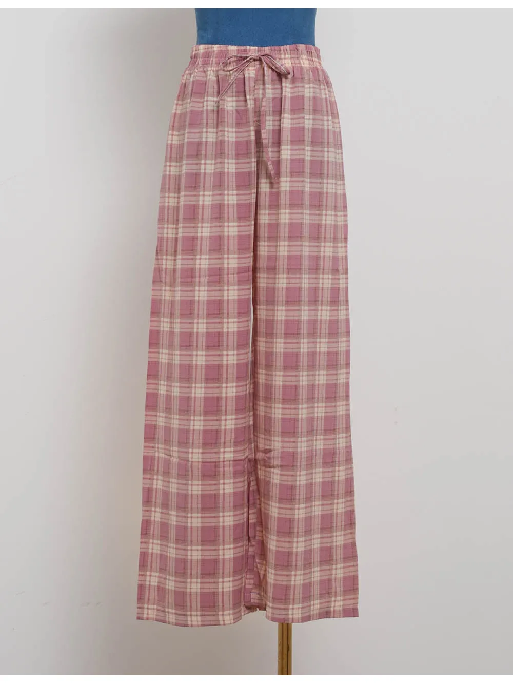 Checked Elastic Waist Drawstring Wide Leg Pants