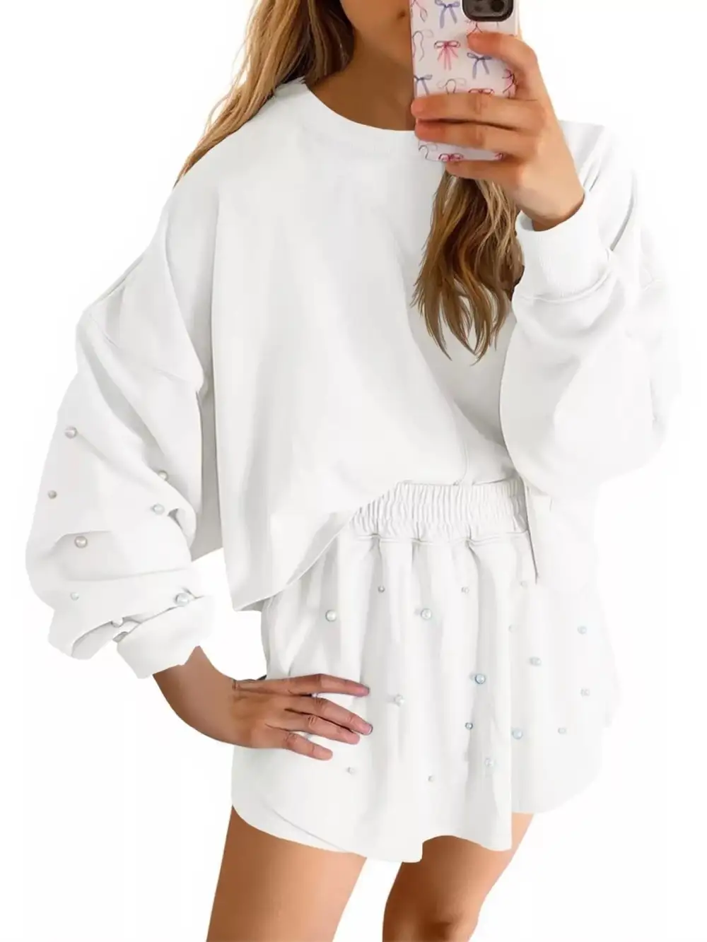 Pearl Embellished Round Neck Top and Skort Set