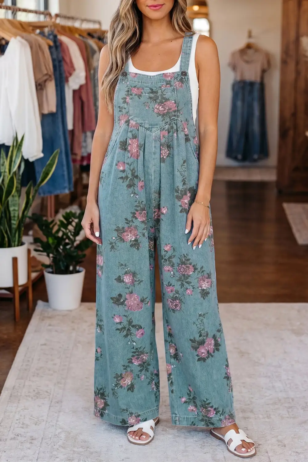 Modern Floral Print Pleated High Waist Wide Leg Denim Jumpsuit