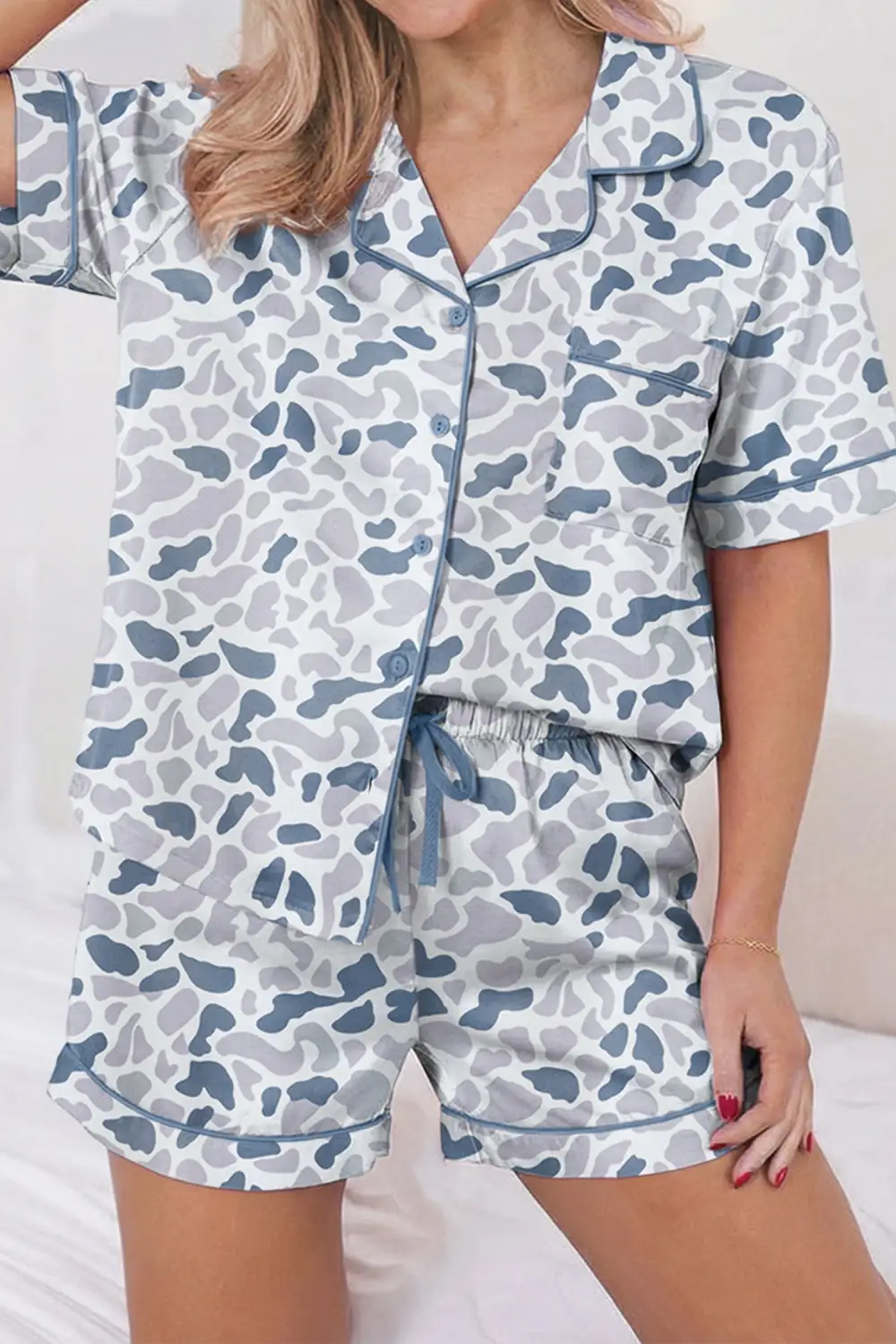 Cozy Lapel Collar Drawstring Waist Short Pajama Set