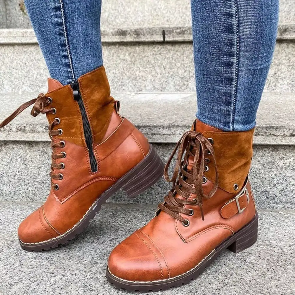 Relaxed Lace-Up Block Heel Boots