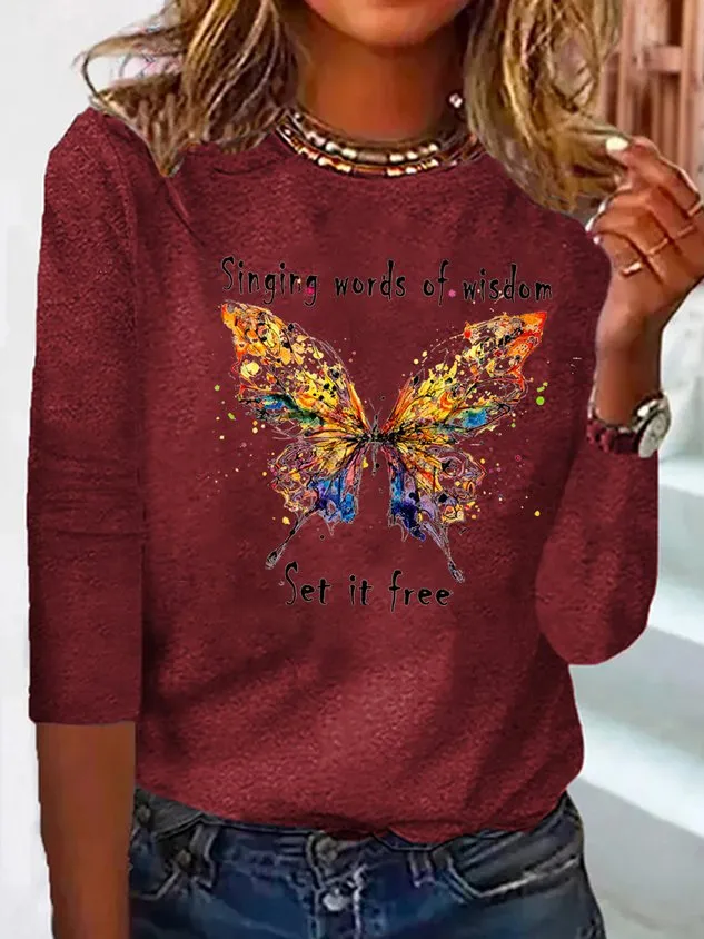 Butterfly Long sleeve Loose Casual T-Shirt