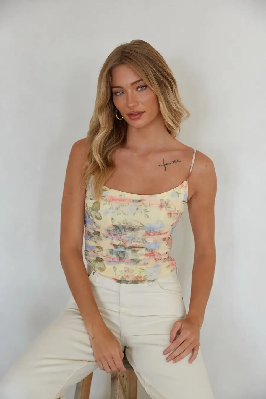 Ruched Floral Mesh Top