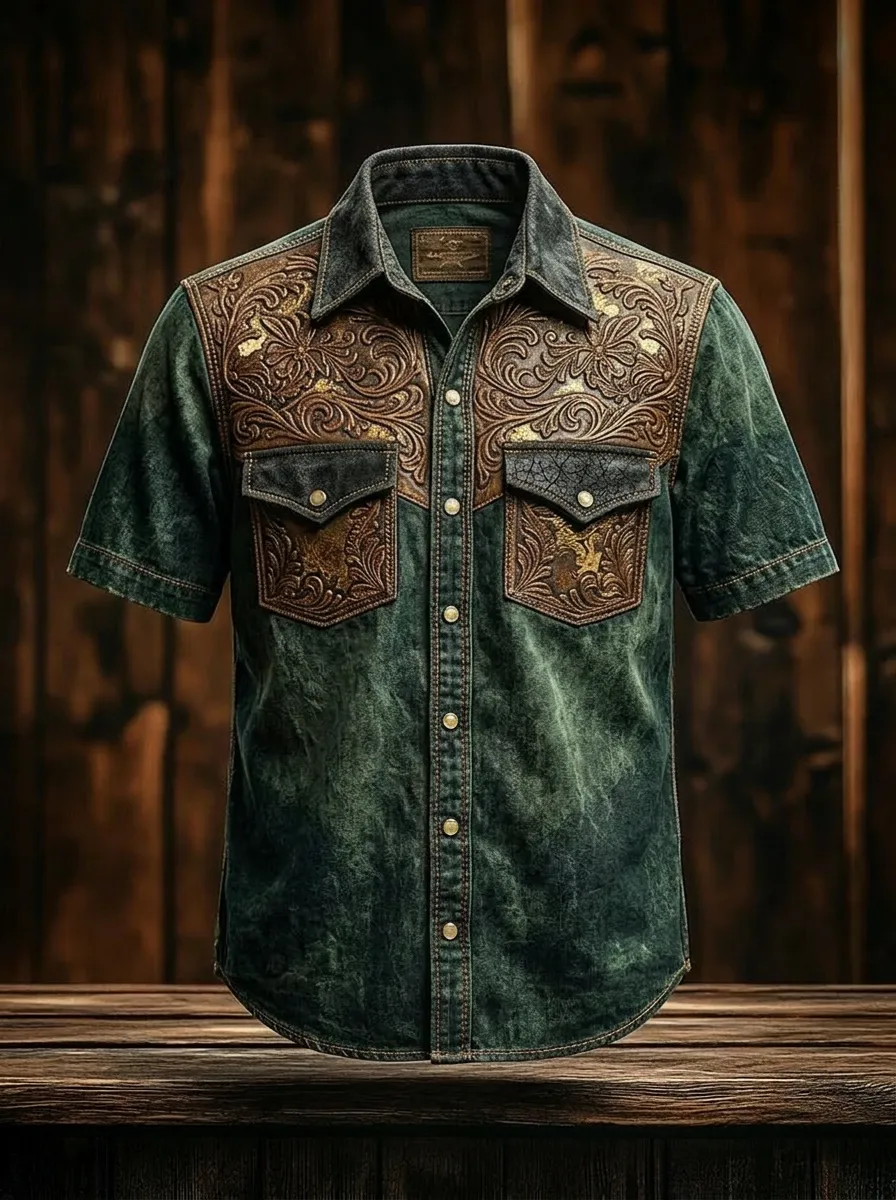 Men's Western Cowboy Floral Tooled Leather Printed Shirt