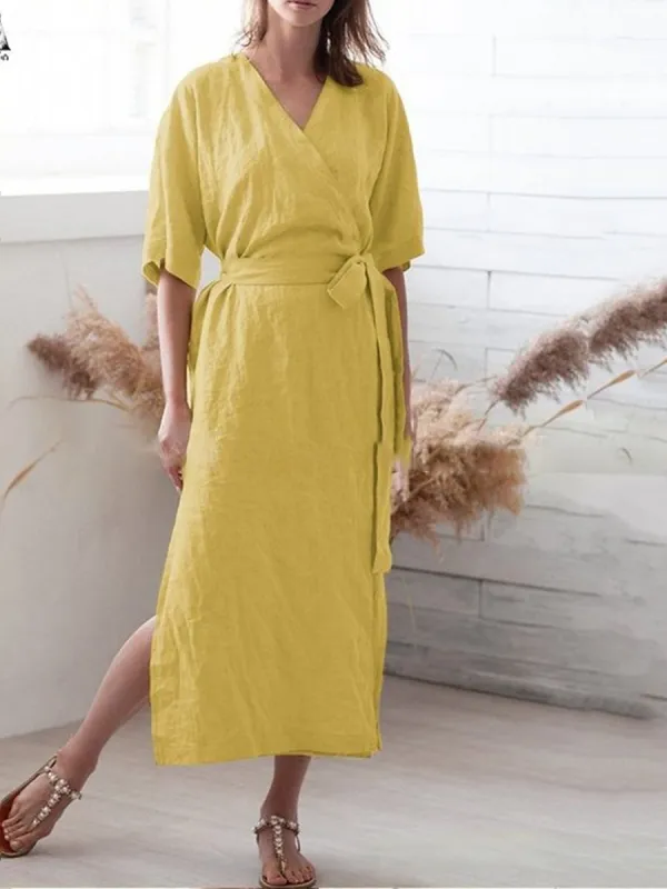 Women's Solid Color V-Neck Belt Loose Swing Cotton Linen Dress