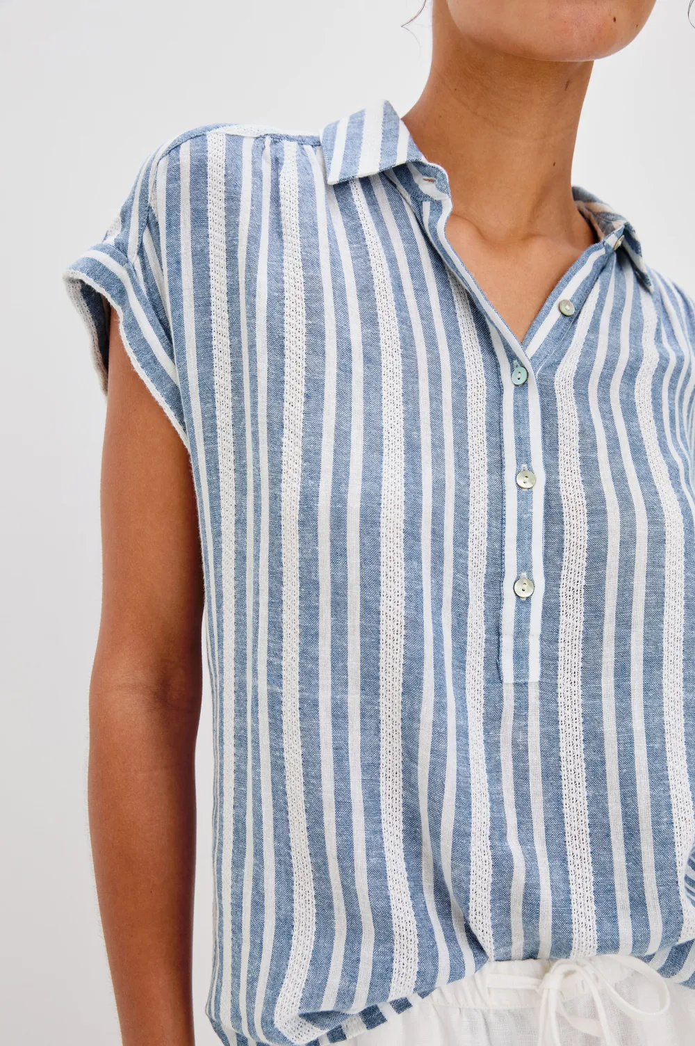 V-Neck Vertical Striped Blue Casual Shirt