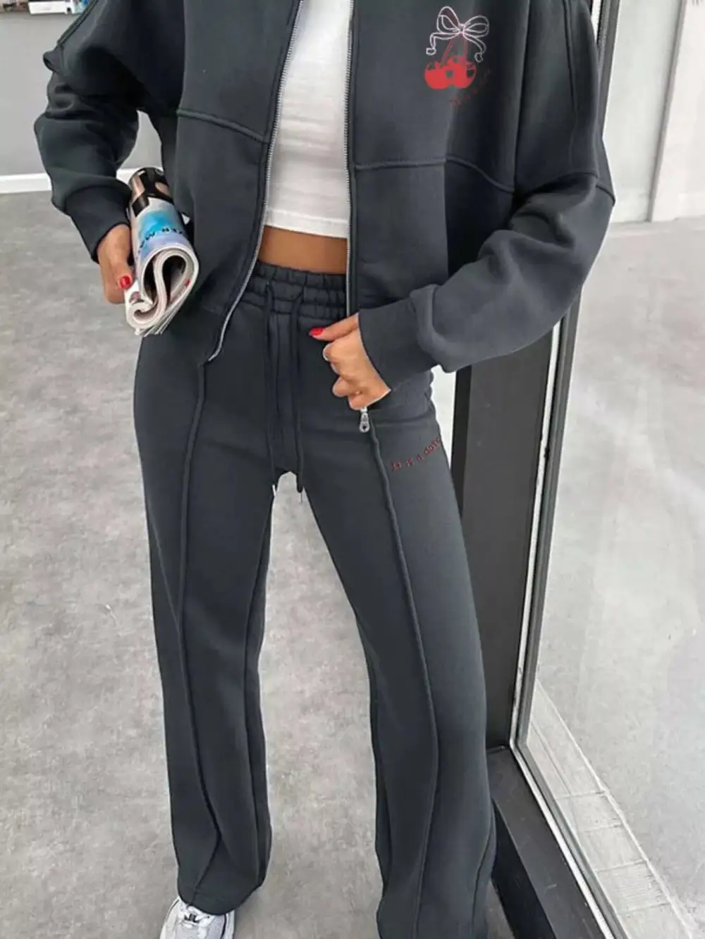 Zip Up Dropped Shoulder Outerwear and Pants Set