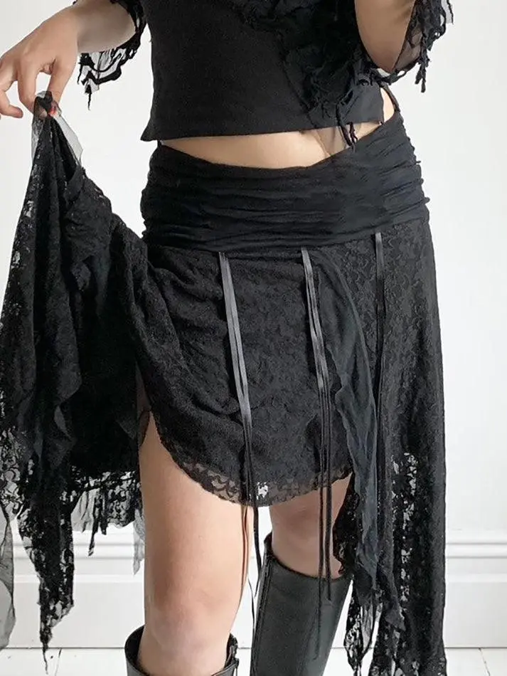 Wavy Lace Asymmetric Hem Skirt