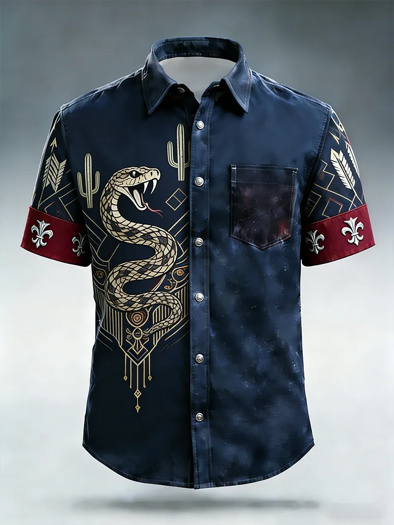 Men's Western Rattlesnake & Cactus Tribal Arrow & Fleur-de-Lis Casual Print Short Sleeve Shirt