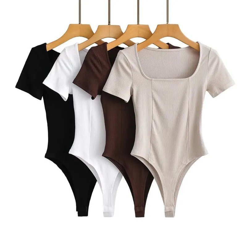 Square neck tights summer new style solid color stretch jumpsuit