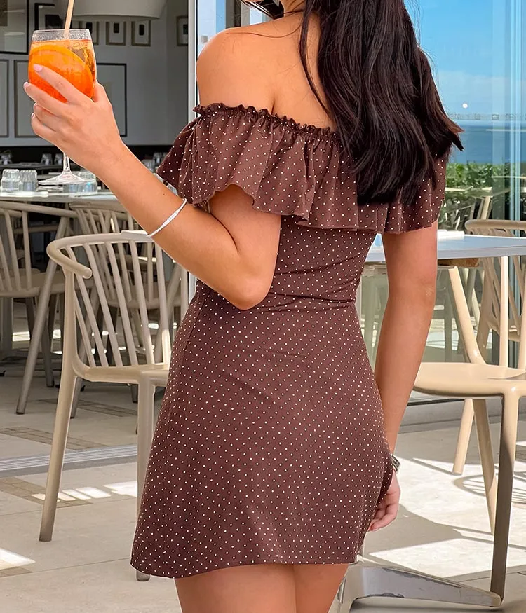 Polka Dot Off Shoulder Frills Polka Mini Dress