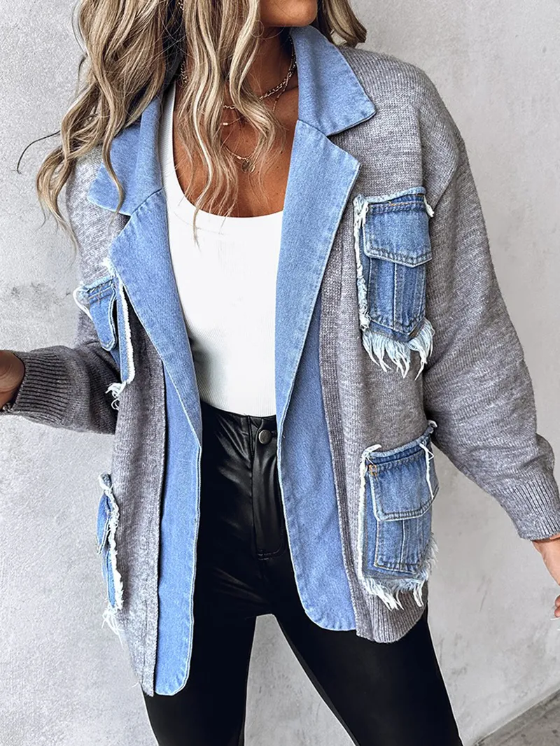 Casual knitted patchwork denim jacket