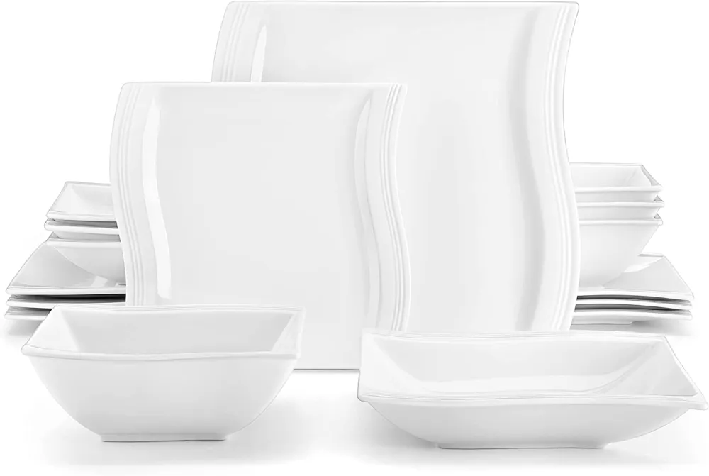 MALACASA Ivory White Dinnerware Sets, 60-Piece Square Dish Set for 12, Porcelain Dishes with Dinner Plates, Dessert Plates and Soup Plates, Cups and Saucers, Modern Dinnerware Oven Safe, Series Flora