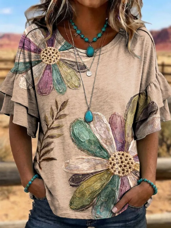 Women's Vintage Art Print Short Sleeve Shirt With Ruffled Sleeves
