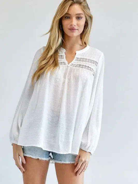 Joy in the Little Things V-cut Long Sleeve Casual White Blouse