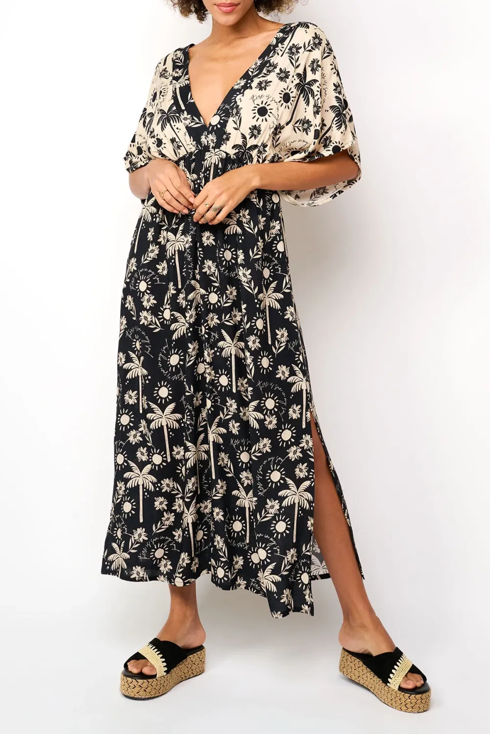 Black And White Palm Print Short Sleeve Maxi Dress