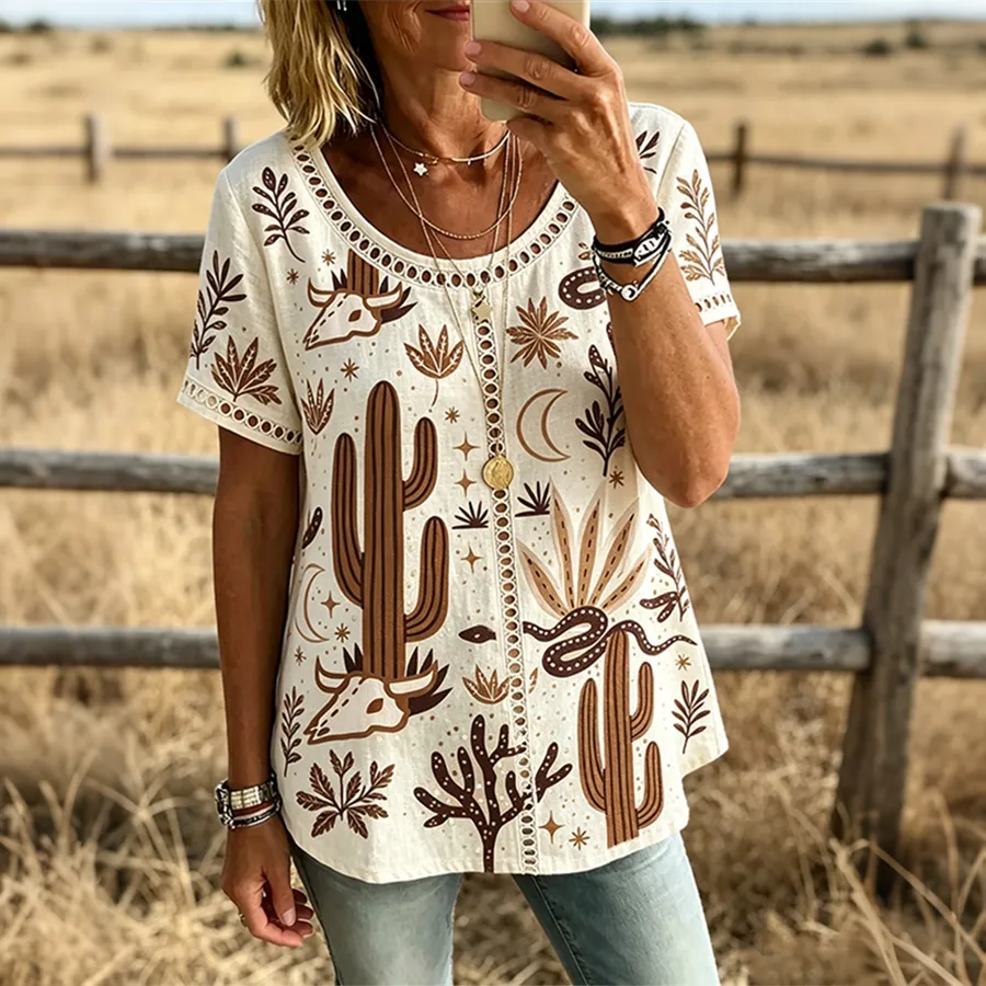Women's Western Cactus Bull Skull Print Trim Short Sleeve Casual Top