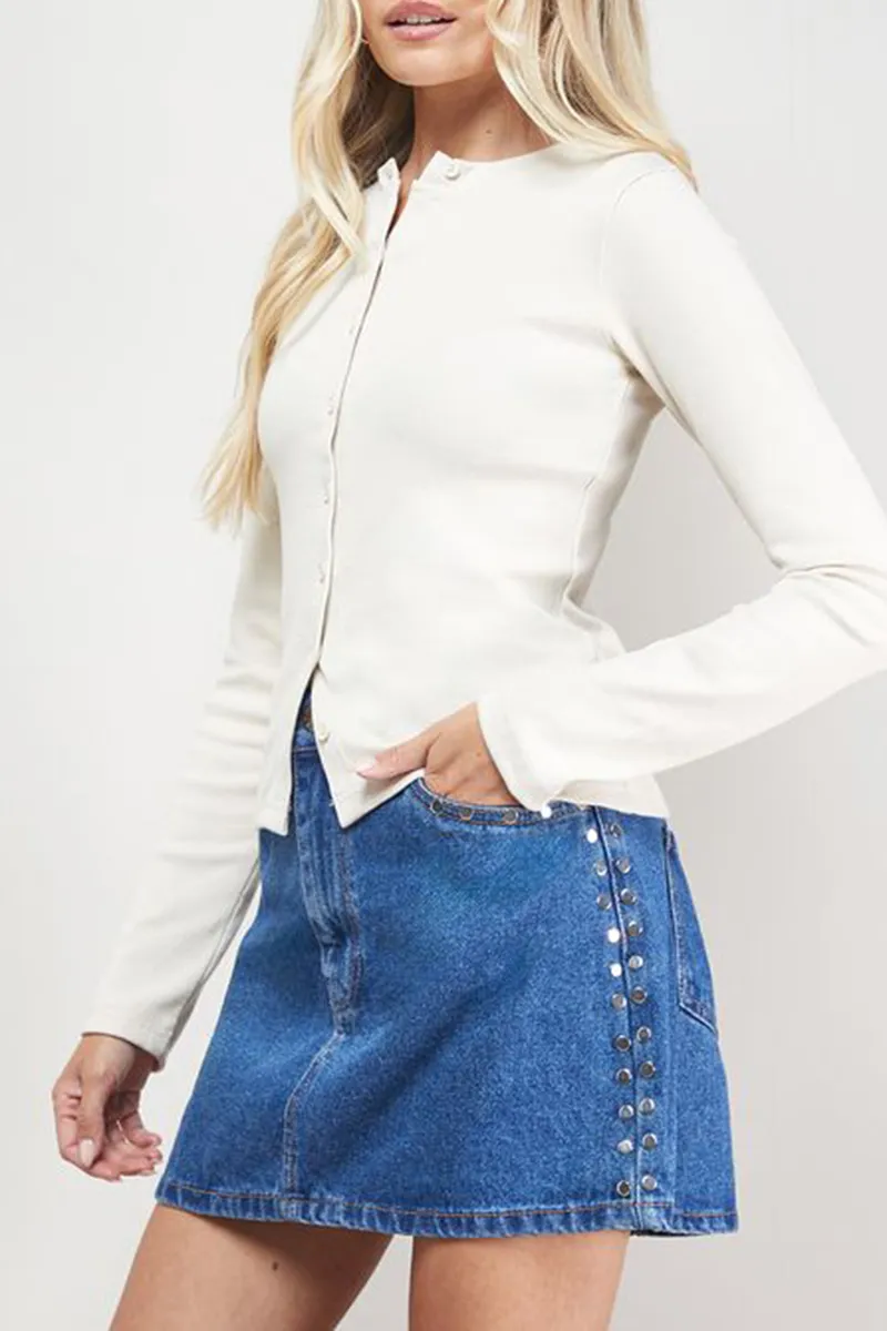 Casual Style Trim Denim Mini Skirt