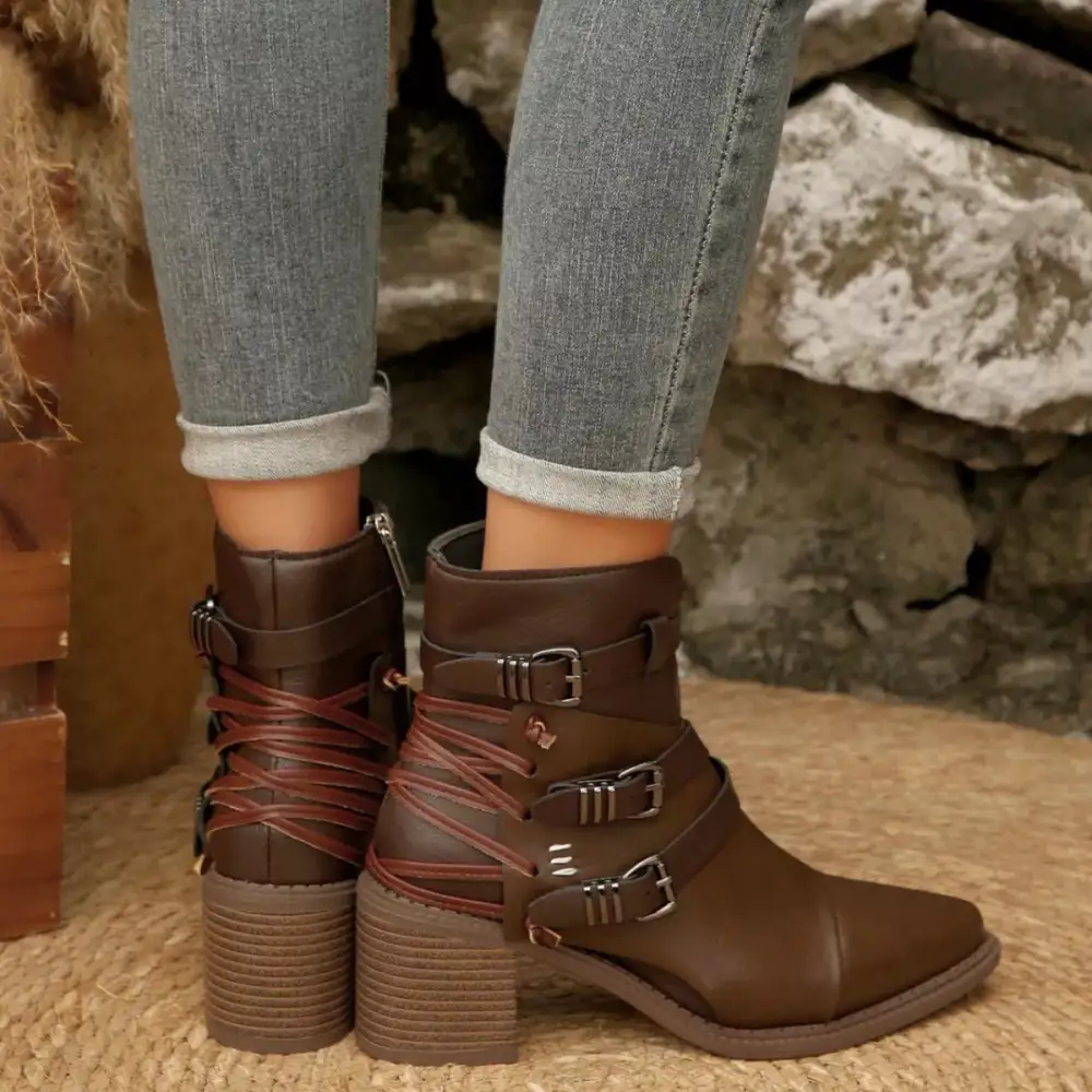 Pointed Toe Buckle Strap Ankle Boots with Block Heel