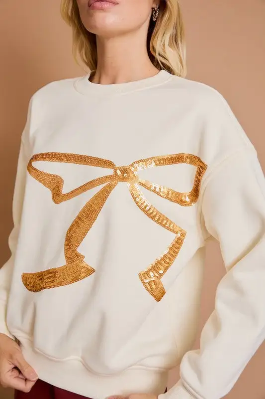 Sequin Bow Round Neck Pullover Sweatshirt