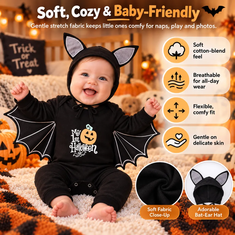 Halloween Skeleton Print Baby Romper Bat Costume Pumpkin Onesie with Hat